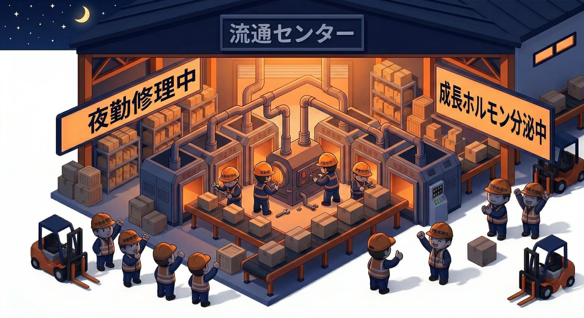 夜勤の修理チームが設備を直す