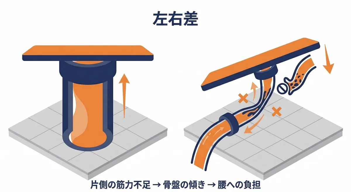 左右の筋力差による骨盤の傾きの図解