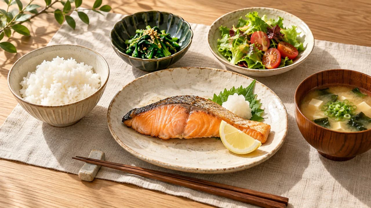 鮭や野菜、ごはん、味噌汁を組み合わせた食事の一例