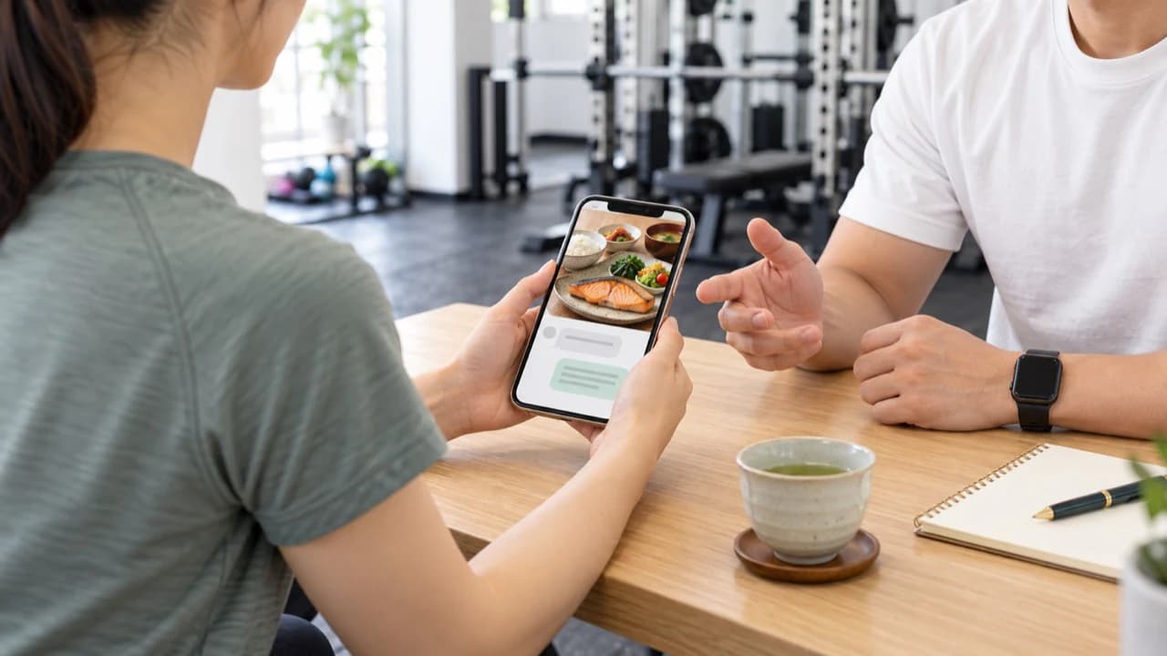 食事写真を見ながら食べ方を相談するイメージ